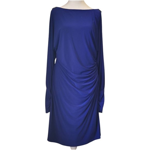 Lauren Ralph Lauren Evening Blue Long Sleeve Cold Shoulder Ruched Dress, 16 - Picture 2 of 12